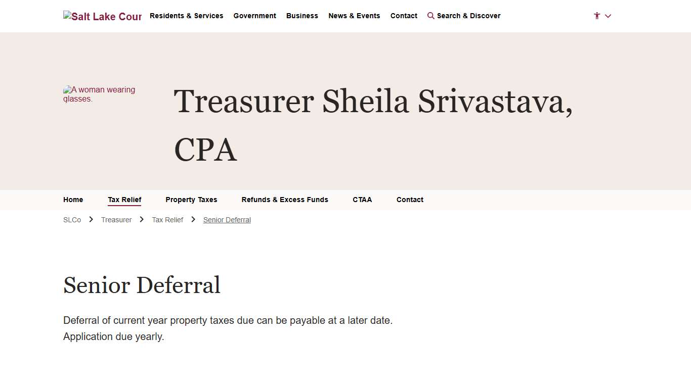 Senior Deferral - Treasurer Sheila Srivastava, CPA Salt Lake County