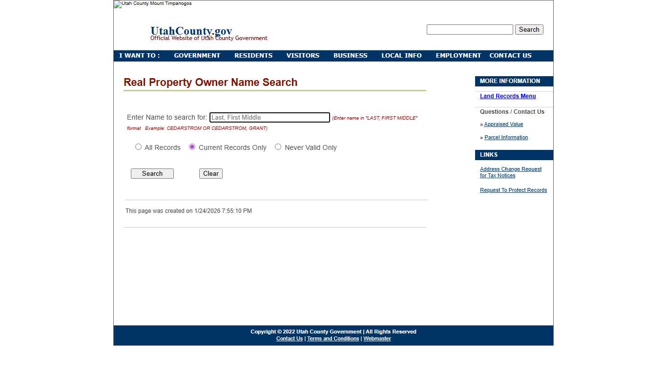 Real Property Owner Name Search : Utah County Government Land Records